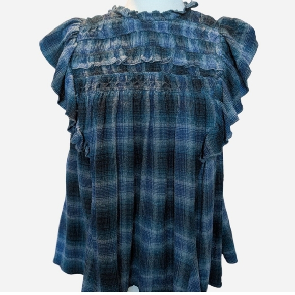 Free People Tops - Pre-owned Free People Navy Plaid Ruffle Blouse